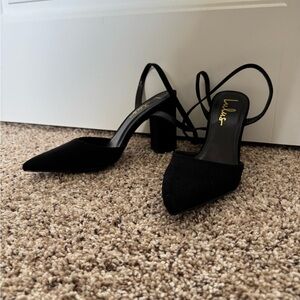 Lulus Viki Black Suede Pointed-Toe Ankle Strap Pumps Sz 7.5